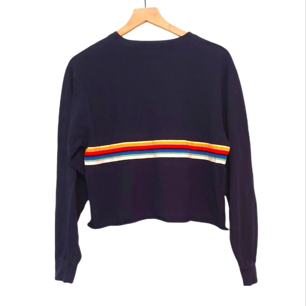 Brandy Melville John Galt Navy Rainbow Stripe Long Sleeve Crop Top Size Small - Picture 3 of 6